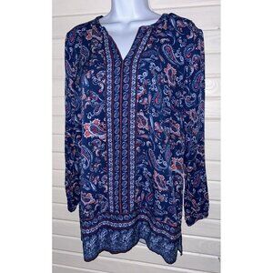 J Jill Sz XS Split Neck Tunic Top Blue Paisley Border Print Rayon EUC